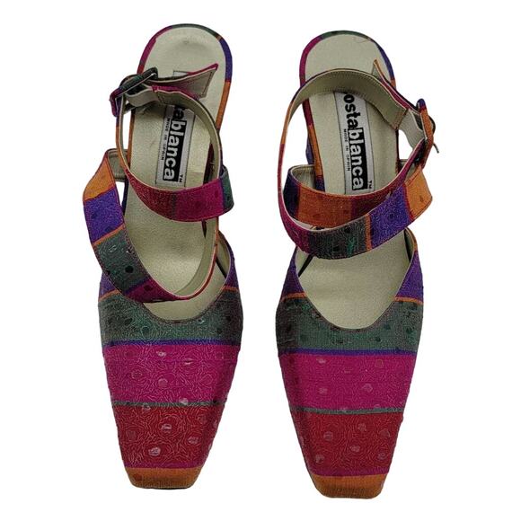 Costa Blanca Block Heel Sandals 7.5M Pink Gold Jacquard NIB Made in Spain - Picture 7 of 14